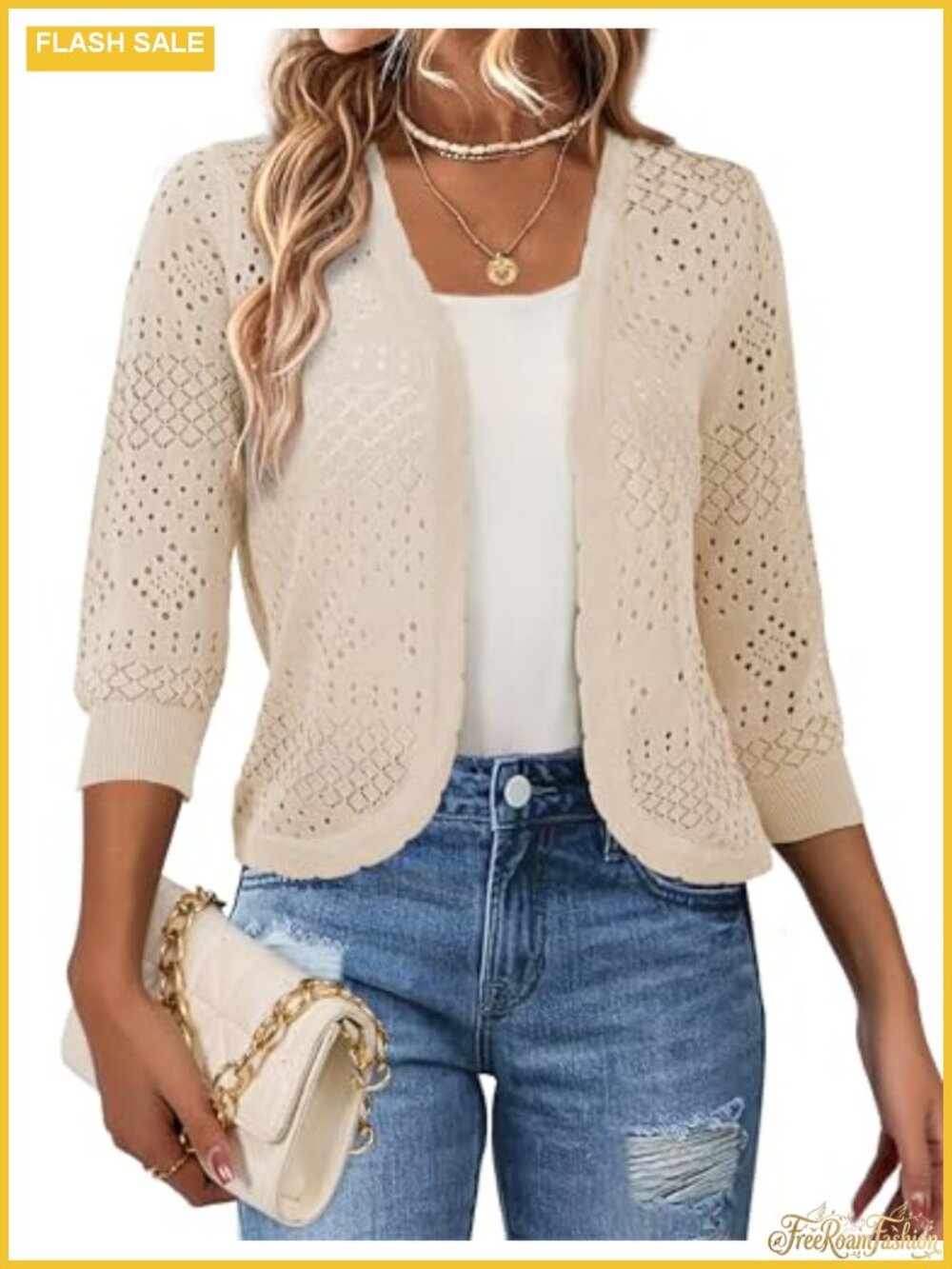 Cropped Hollowed Knit Cardigan 3/4 Sleeve Open Front Shrug